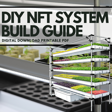 Load image into Gallery viewer, DIY NFT System Build Guide — Digital Download Printable PDF. Illustrated NFT hydroponic rack with multiple channels growing colorful microgreens including purple, yellow, and green varieties, set against a real grow room background with LED lighting and seedling trays.