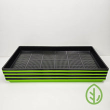 Load image into Gallery viewer, Bootstrap Farmer 10x20 heavy duty shallow microgreen tray 4-set with 4 black mesh trays and 4 green no-hole trays stacked