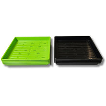 Load image into Gallery viewer, Bootstrap Farmer 10x10 heavy duty shallow microgreen tray 4-set with 4 green slotted trays and 4 black no-hole trays