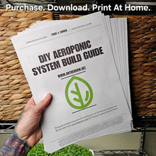 Load image into Gallery viewer, Printed pages of the DIY Aeroponic System build guide PDF, hand holding On The Grow aeroponic system instructions