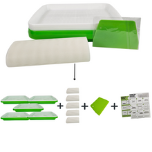 Load image into Gallery viewer, Graphic showing all items included in the On The Grow large sprouting tray kit: trays, reusable silicone grow mediums, scraper tool, and grow guide