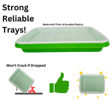 Load image into Gallery viewer, Large sprouting tray kit graphic highlighting thick durable plastic construction and drop-resistant design