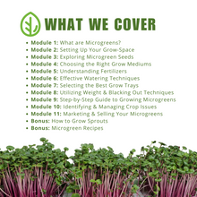 Cargar imagen en el visor de la galería, Microgreen Masterclass course modules list covering seeds, grow mediums, watering, trays, crop issues, and selling microgreens