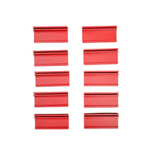 Load image into Gallery viewer, Ten brick red On The Grow microgreen tray clip labelers laid out in two columns on a white background