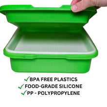 Load image into Gallery viewer, Green silicone food container with text highlighting BPA-free plastics, food-grade silicone, and PP polypropylene.