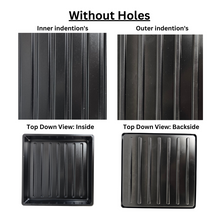 Cargar imagen en el visor de la galería, On The Grow 10x10 no-hole microgreen tray showing inner and outer indentations and top-down inside and backside views