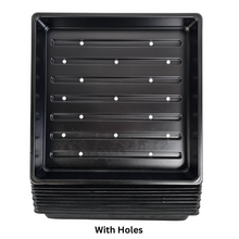Cargar imagen en el visor de la galería, On The Grow 10x10 black with-holes shallow microgreen growing trays stacked, overhead view
