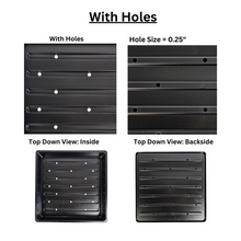 Cargar imagen en el visor de la galería, On The Grow 10x10 with-holes microgreen tray showing 0.25-inch hole size and top-down inside and backside views