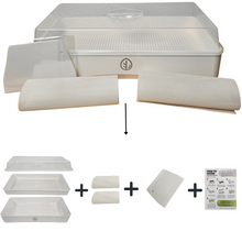 Cargar imagen en el visor de la galería, Contents of the On The Grow 7x14 microgreen tray kit: drip tray, mesh tray, silicone grow medium, scraper, and how-to guide