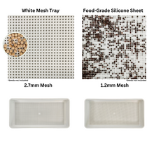 Cargar imagen en el visor de la galería, Side-by-side comparison of 2.7mm white mesh tray and 1.2mm food-grade silicone grow medium included in the On The Grow 7x14 kit