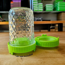 Load image into Gallery viewer, Green sprouting jar lid used with a 16oz wide mouth mason jar in the inverted draining position for sprouting