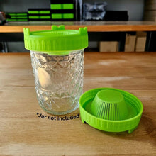 Load image into Gallery viewer, Green sprouting jar lid fitted on a 16oz wide mouth mason jar shown upright with lid removed beside it