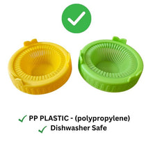 Load image into Gallery viewer, Yellow and green sprouting jar lids with material callout: PP plastic polypropylene and dishwasher safe