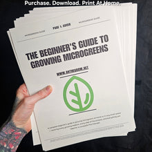 Load image into Gallery viewer, Hand holding a stack of printed guides titled 'The Beginner's Guide to Growing Microgreens' with a visible website URL.