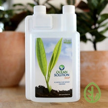 Load image into Gallery viewer, Ocean Solution 2-0-3 OMRI-listed all natural plant nutrient concentrate bottle on a wood surface, used for microgreen growing