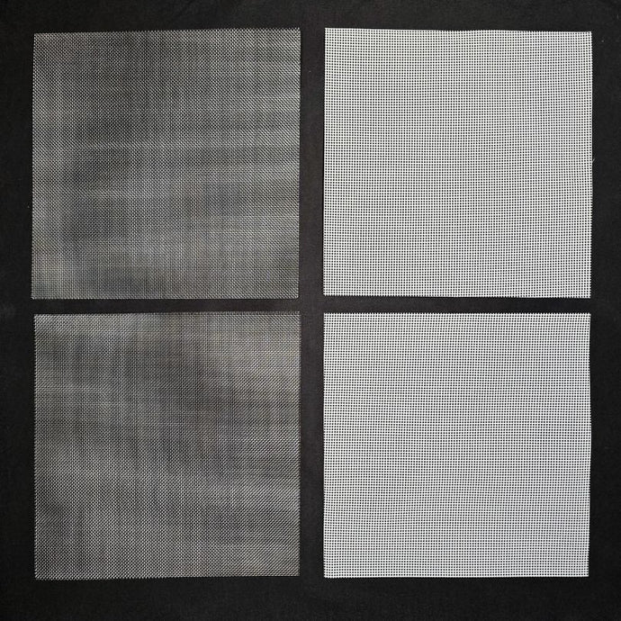 Four-panel display of 10x10 silicone and stainless steel reusable grow mediums for microgreens
