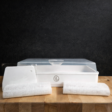 Charger l'image dans la galerie, White 7x14 Microgreen Tray Kit for Home Growers on a wooden surface against a black background
