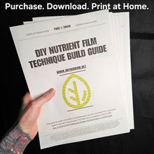 Load image into Gallery viewer, Hand holding a 'DIY Nutrient Film Technique Build Guide' with a visible website URL on a dark background.
