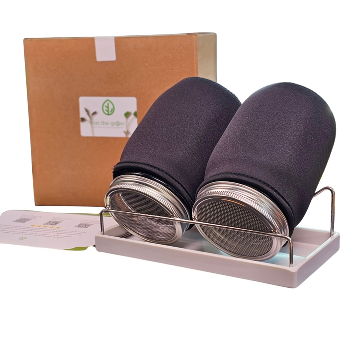 On The Grow - Complete Sprout Jar Kit with Stand, Lids, Blackout sleeves and Mason Jars - New Look 2025