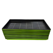 Load image into Gallery viewer, Stack of 10x20 microgreen trays with green base and black mesh inserts
