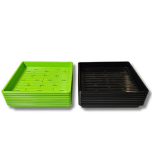 Load image into Gallery viewer, Bootstrap Farmer 10x10 heavy duty shallow microgreen tray 8-set with 8 green slotted trays and 8 black no-hole trays
