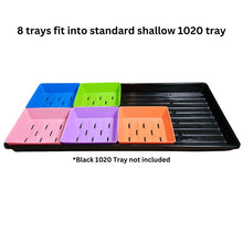 Load image into Gallery viewer, Six Bootstrap Farmer 5x5 shallow microgreen trays in assorted colors shown fitting inside a standard black 1020 tray
