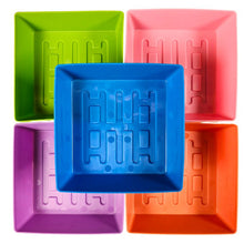 Load image into Gallery viewer, Five Bootstrap Farmer 5x5 no-hole shallow microgreen trays in assorted colors shown from above on white background
