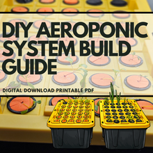 Load image into Gallery viewer, DIY aeroponic system build guide PDF cover, illustrated aeroponic growing units with seedlings and net pot lids
