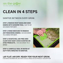Load image into Gallery viewer, Four step guide to clean and sanitize reusable silicone microgreen grow mat with free and clear soap and boiling water at 212 degrees
