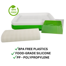 Load image into Gallery viewer, Large sprouting tray kit product shot with BPA-free badge and material callouts: BPA-free plastics, food-grade silicone grow medium, and polypropylene
