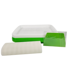 Load image into Gallery viewer, On The Grow large sprouting tray kit with reusable silicone grow medium, green water trays, and scraper tool on white background
