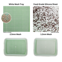 Load image into Gallery viewer, Side-by-side comparison of 2.5mm white mesh tray and 1.2mm food-grade silicone reusable grow medium with seed size reference
