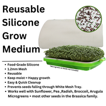 Load image into Gallery viewer, Feature callout graphic for the On The Grow reusable silicone grow medium showing 1.2mm mesh, food-grade silicone, and microgreens growing in tray
