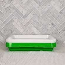 Load image into Gallery viewer, Large sprouting tray set with reusable silicone grow mediums stacked on a countertop against a marble tile wall
