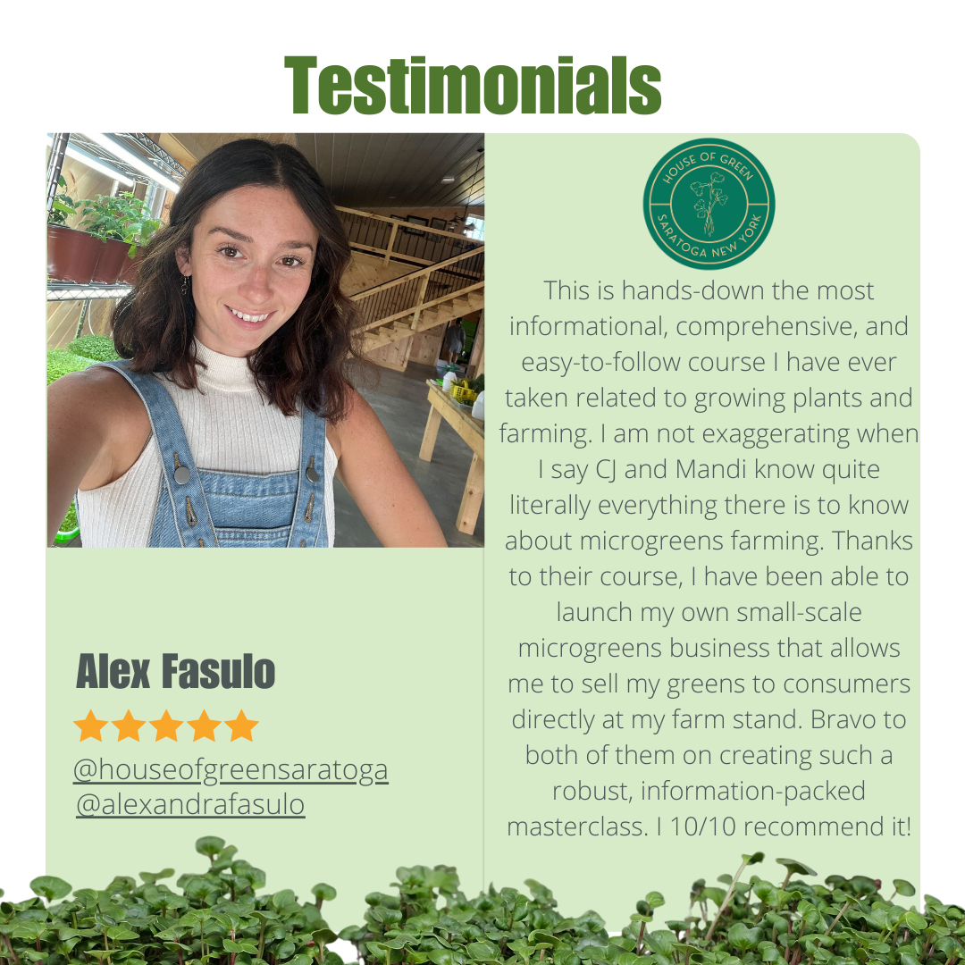 Five star review of On The Grow Microgreen Masterclass from Alex Fasulo of House of Green Saratoga microgreens farm
