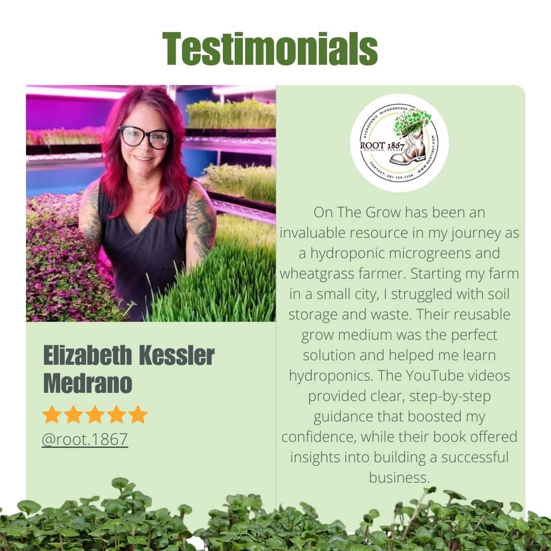 Five star review of On The Grow Microgreen Masterclass from Elizabeth Kessler Medrano of Root 1867 hydroponic microgreens farm