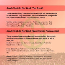 Load image into Gallery viewer, Infographic explaining which microgreen seeds do not work with reusable grow mediums due to being too small or having specific germination preferences.
