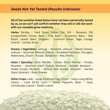 Load image into Gallery viewer, Infographic listing microgreen seed varieties that have not yet been tested on reusable grow mediums, with results currently unknown.
