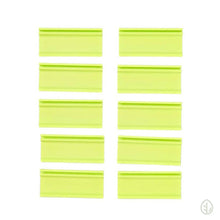 Load image into Gallery viewer, Ten lime green On The Grow microgreen tray clip labelers laid out in two columns on a white background
