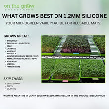 Load image into Gallery viewer, Microgreens variety compatibility chart showing which seeds grow best on reusable silicone grow mats including broccoli radish kale and which to avoid
