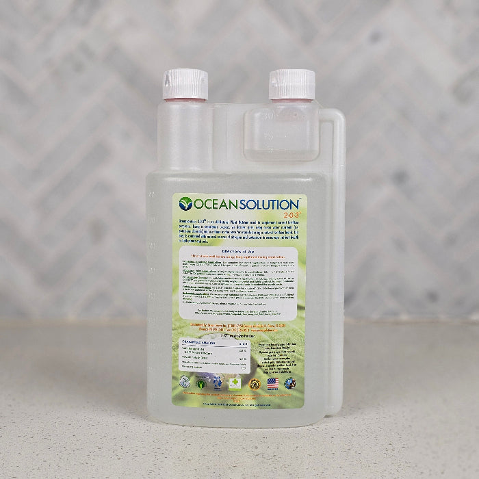 the label on a bottle of organic liquid fertilizer Ocean Solution 2-0-3 Organic Fertilizer for Microgreens