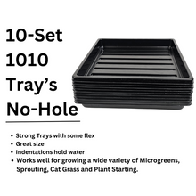 Cargar imagen en el visor de la galería, On The Grow 10x10 no-hole microgreen tray 10-set infographic showing strong flex, water-holding indentations, and microgreen growing uses
