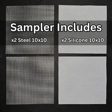 Cargar imagen en el visor de la galería, On The Grow 10x10 sampler pack contents: two stainless steel and two silicone reusable microgreen grow mediums
