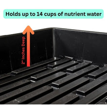 Charger l'image dans la galerie, On The Grow 10x20 Kratky hydroponic drip tray showing 2-inch depth and 14 cup nutrient water capacity
