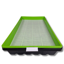 Charger l'image dans la galerie, On The Grow 10x20 green mesh grow tray nested inside black drip tray for Kratky hydroponic microgreen growing
