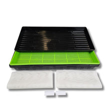 Charger l'image dans la galerie, On The Grow 10x20 Kratky hydroponic microgreen tray kit showing black drip tray, green mesh tray, two reusable silicone grow mediums, and tray labels
