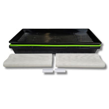 Charger l'image dans la galerie, Overhead view of On The Grow 10x20 Kratky hydroponic microgreen tray kit with stacked trays and two reusable silicone grow mediums
