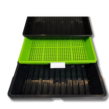 Charger l'image dans la galerie, On The Grow 10x20 Kratky hydroponic microgreen tray kit stacked in growing position with black weight tray, green mesh tray, and black drip tray
