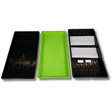 Charger l'image dans la galerie, On The Grow 10x20 Kratky hydroponic microgreen tray kit components shown separately: black drip tray, green mesh tray, and black tray with reusable silicone grow mediums
