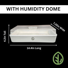 Cargar imagen en el visor de la galería, On The Grow 7x14 microgreen tray kit dimensions with humidity dome: 14.4 inches long, 7.25 inches wide, 4.2 inches tall
